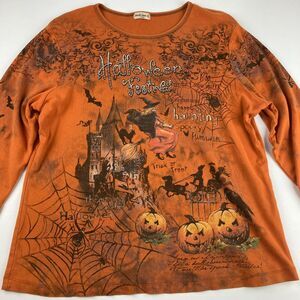 Studio Gem Q Womens XXL Halloween Shirt Witch Pumpkin Rhinestone Made USA